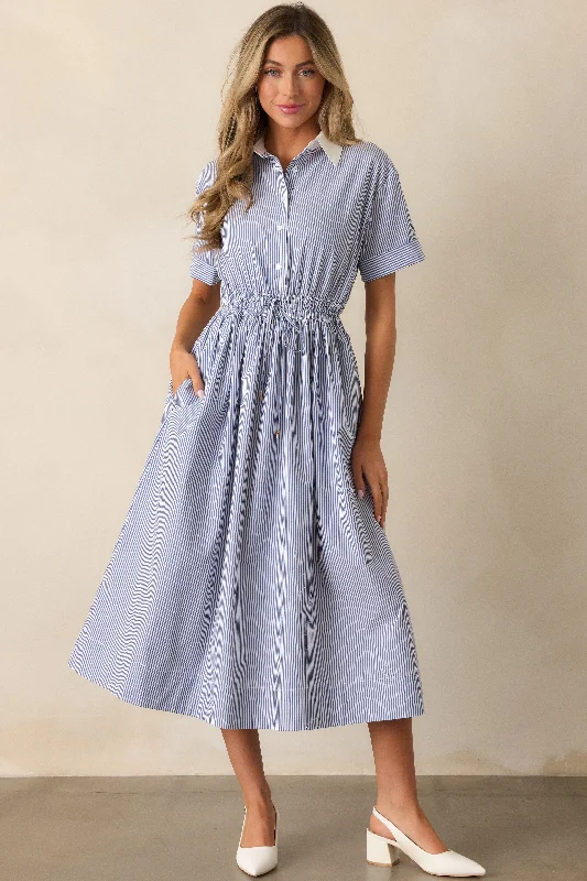 Making My Way Home Cotton Blue Stripe Short Sleeve Midi Dress