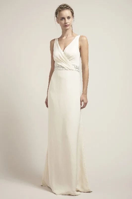 CR6673- Glamorous V-Neck Wedding Dress With Beaded Waistband