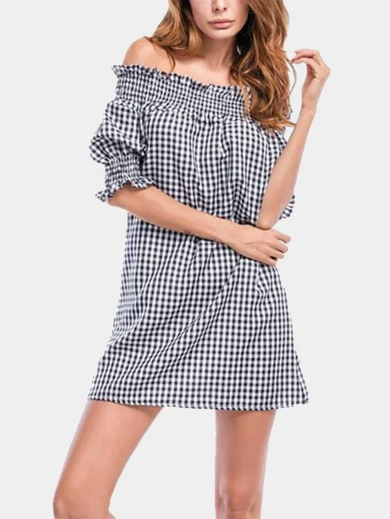 Wholesale Grid Off The Shoulder Half Sleeve Grid Mini Dress