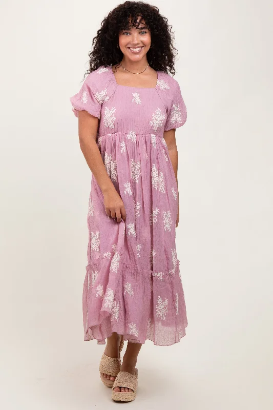 Mauve Floral Print Ruffle Hem Midi Dress