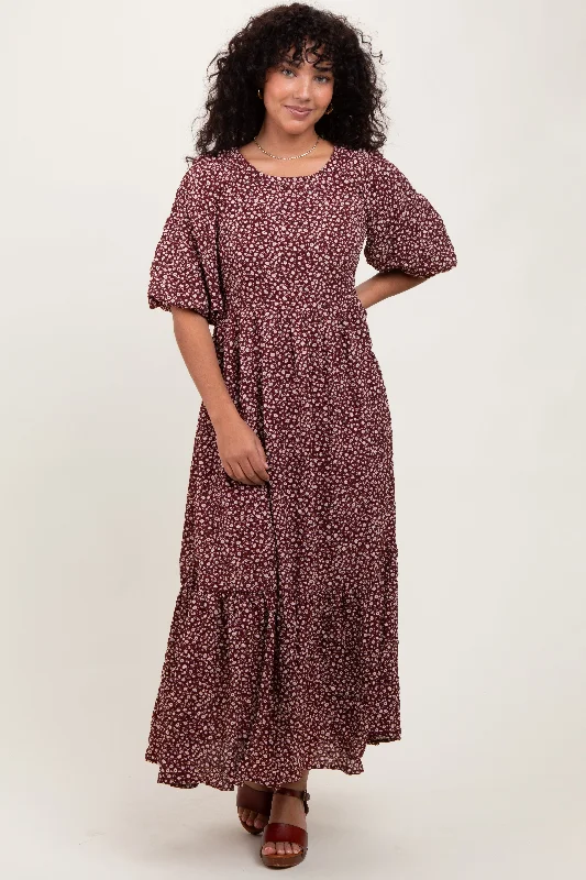 Burgundy Floral Puffed Short Sleeve Maxi Dress