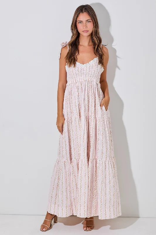 Pink Floral Striped Smocked Shoulder Tie Maxi Dress