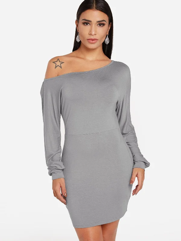 Wholesale Grey One Shoulder Long Sleeve Plain Fashion Mini Dress