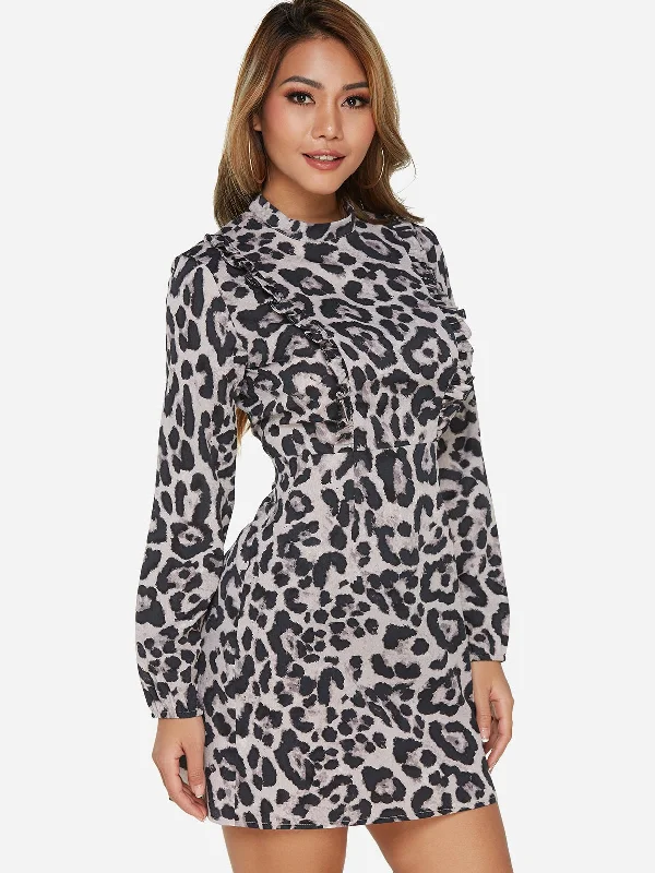 Wholesale Grey Long Sleeve Leopard Mini Dress