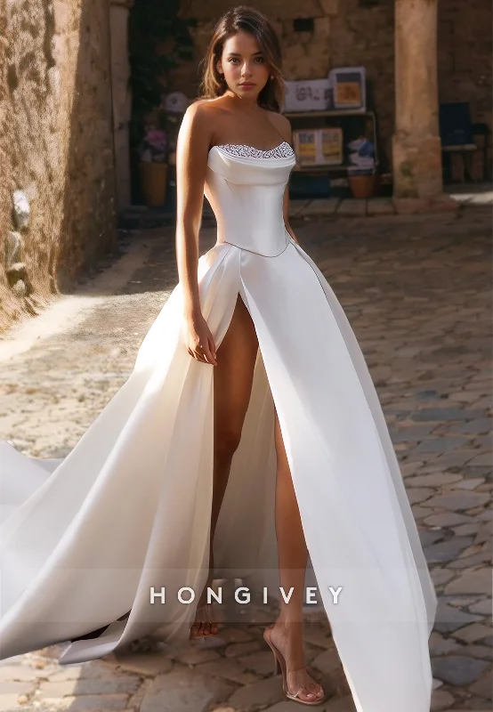 HONGIVEY Chic Beaed Sweetheart Satin Wedding Dress Side Slit Strapless A-Line Brial Gown