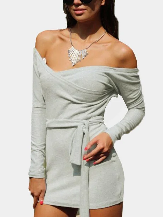 Wholesale Grey Off The Shoulder Long Sleeve Plain Crossed Front Backless Belt Self-Tie Mini Dress