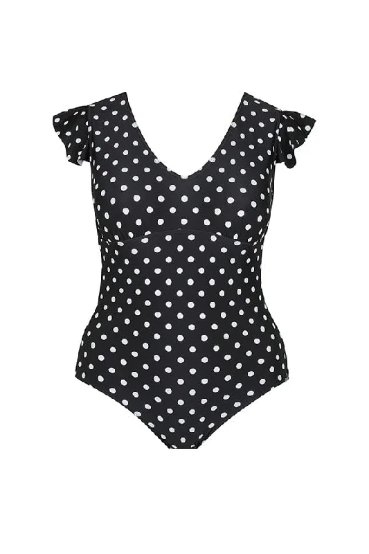 Black and White Dots V Neck Frill One Piece