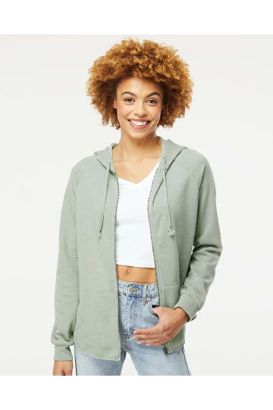 Independent Trading Co. Womens California Wave Wash Full Zip Hooded Sweatshirt Hoodie w/ Pockets - Sage Green