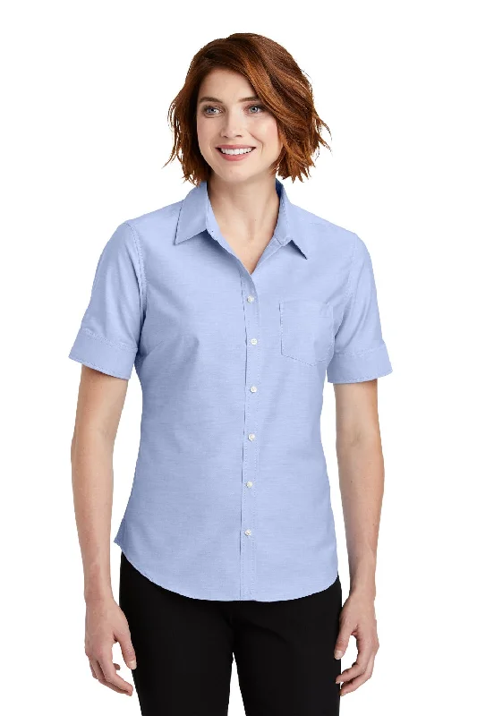 Port Authority Womens SuperPro Oxford Wrinkle Resistant Short Sleeve Button Down Shirt w/ Pocket - Oxford Blue