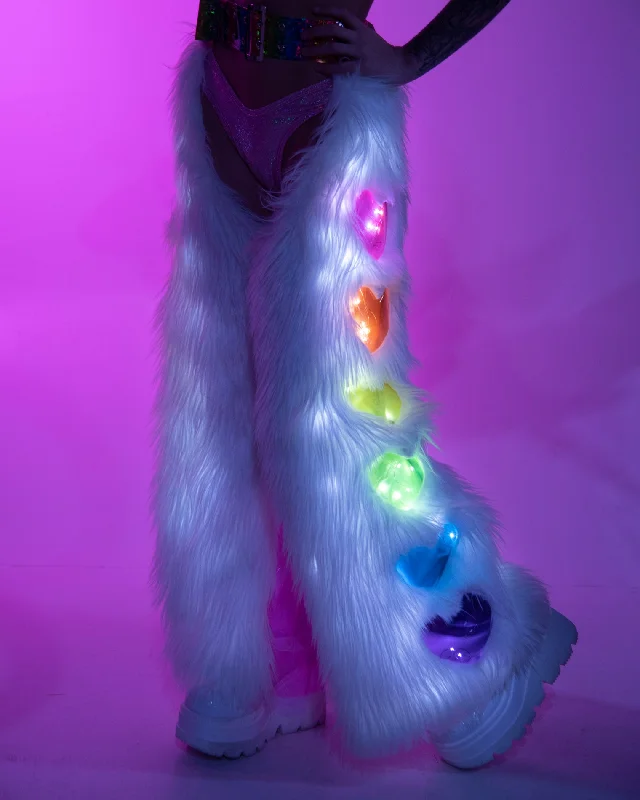 White Pastel Faux Fur Rainbow Heart Light Up Chaps