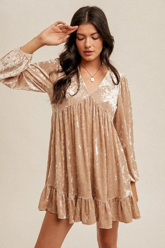 Champagne Crushed Velvet V-Neck Babydoll Bubble Sleeve Holiday Cocktail Dress