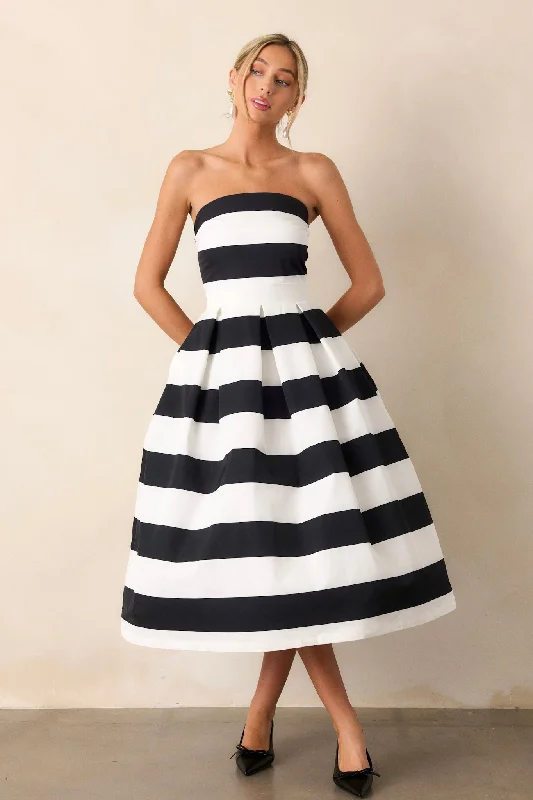 Crisp Contrast Black & White Stripe Strapless Midi Dress