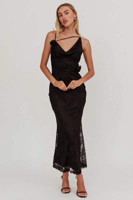 Golden Glow Rosette Cowl Neck Maxi Dress Black