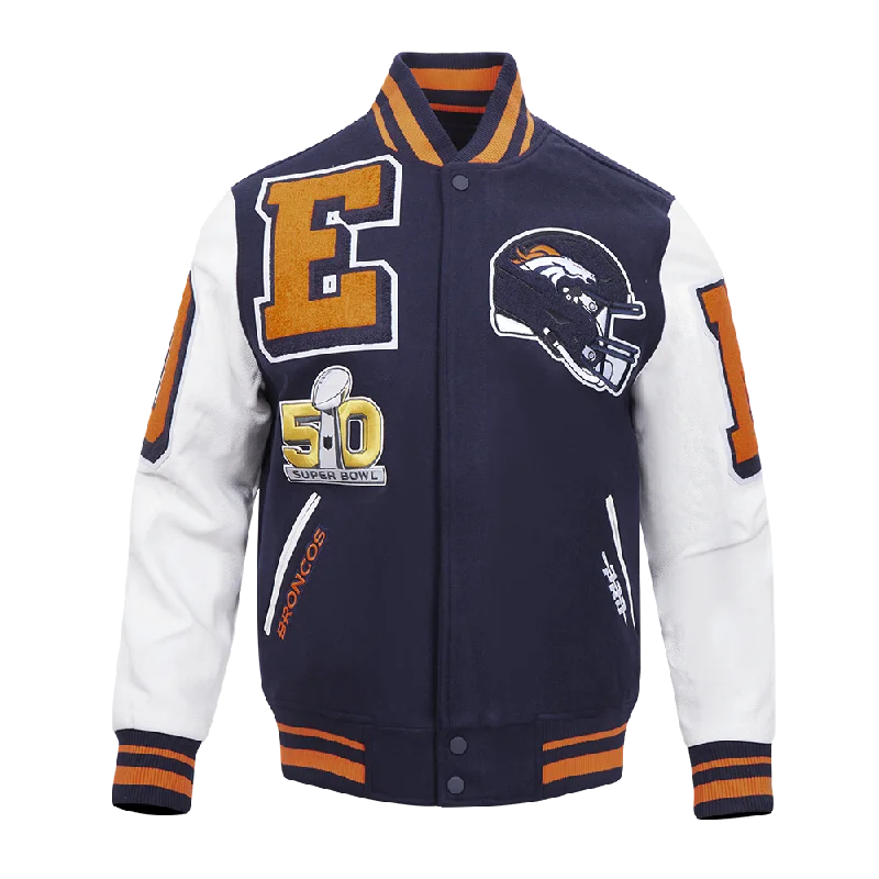 NFL DENVER BRONCOS MASHUP MEN'S RIB WOOL VARSITY JACKET (MIDNIGHT NAVY/ORANGE/MIDNIGHT NAVY)