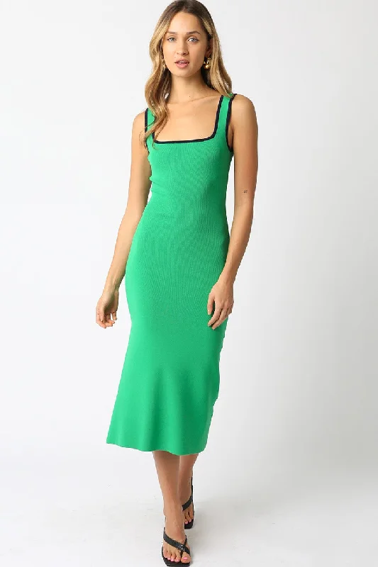 Green Knit Contrast Trim Square Neck Midi Dress