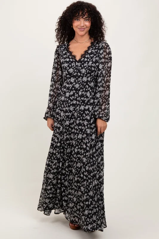 Black Floral Chiffon Lace Trim Back Tie Maxi Dress