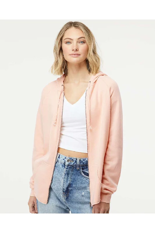 Independent Trading Co. Womens California Wave Wash Full Zip Hooded Sweatshirt Hoodie w/ Pockets - Blush Pink