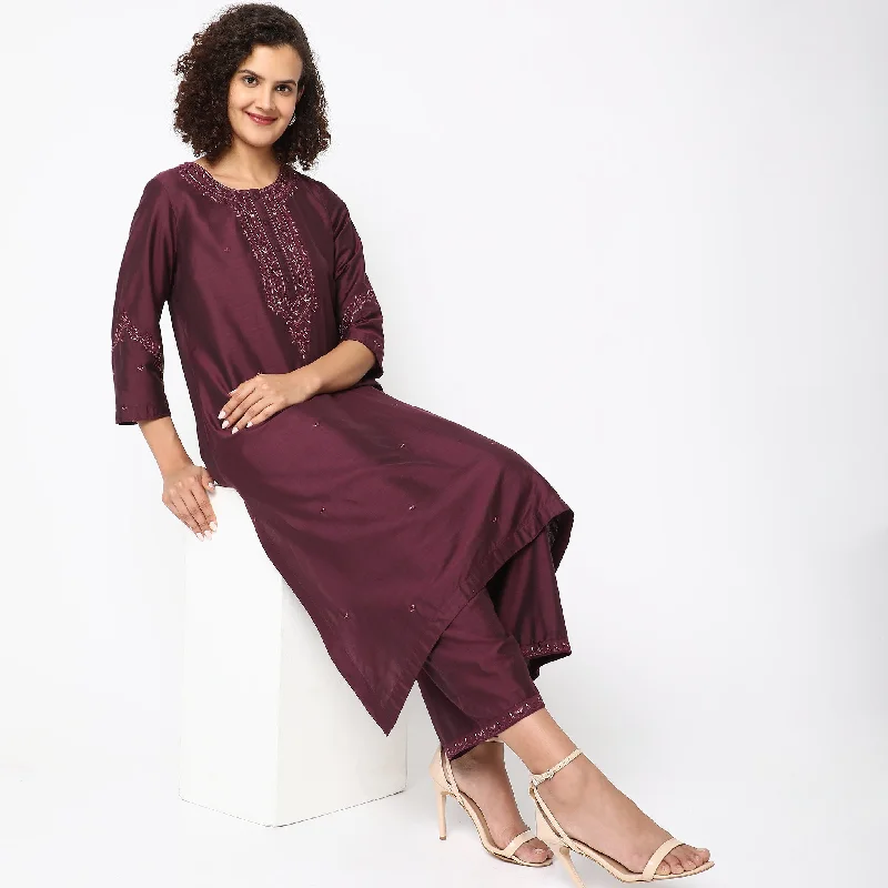 Straight Fit Embroidered Kurta with Pant Set