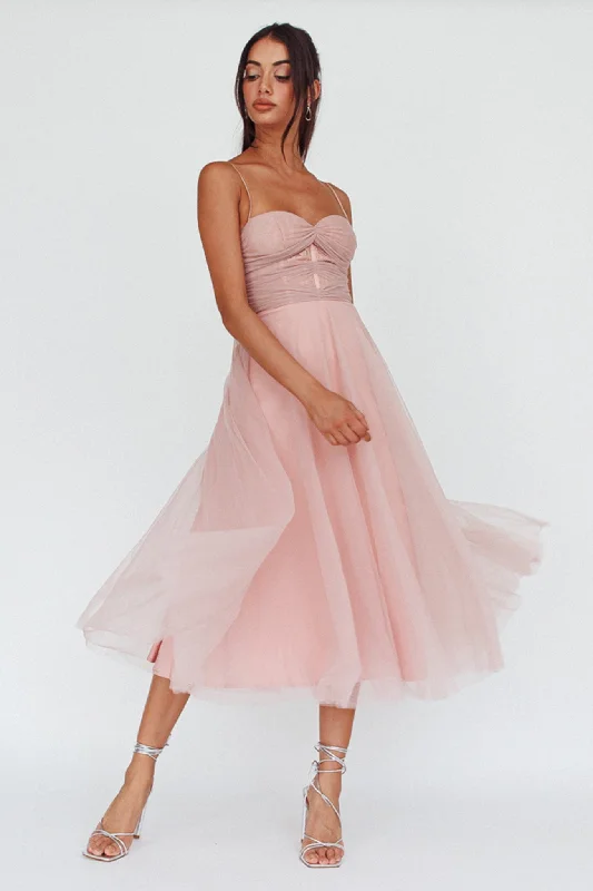 Smitten Lace Insert Tulle Midi Dress Blush