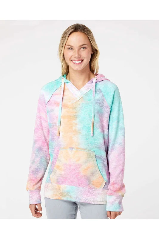 MV Sport Womens Courtney Burnout V-Notch Hooded Sweatshirt Hoodie w/ Pouch Pocket - Rainbow Sorbet