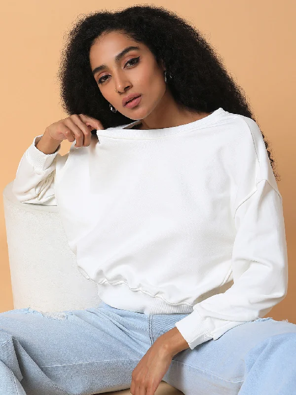 Women Solid Off White Drop Shoulder Pullover