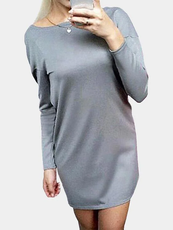 Wholesale Grey Round Neck Long Sleeve Hollow Mini Dresses