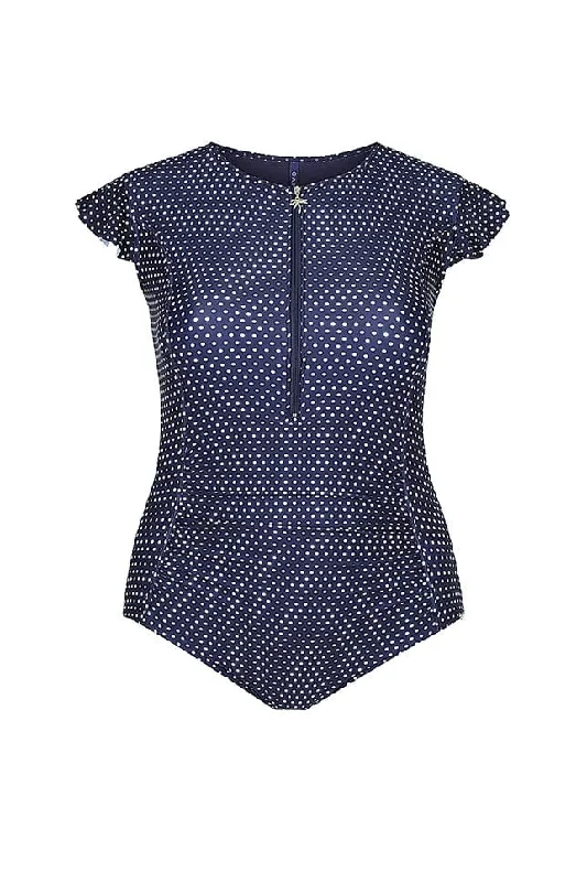 Navy & White Dots Frill Sleeve One Piece