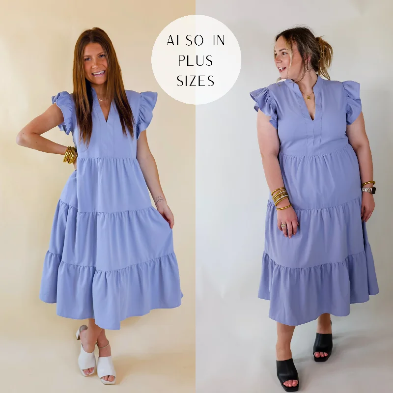 Magnolia Morning Ruffle Cap Sleeve Tiered Midi Dress in Periwinkle Blue