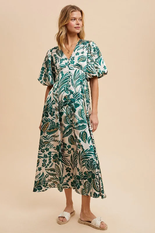 Green Palm Resort Print Satin Floral Button Maxi Dress