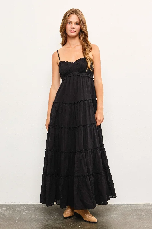 Black Shirred Bust Ruffle Tiered Maxi Dress