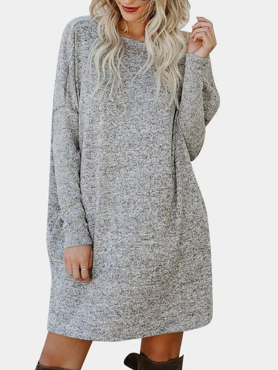 Wholesale Grey Round Neck Long Sleeve Side Pockets Mini Dress