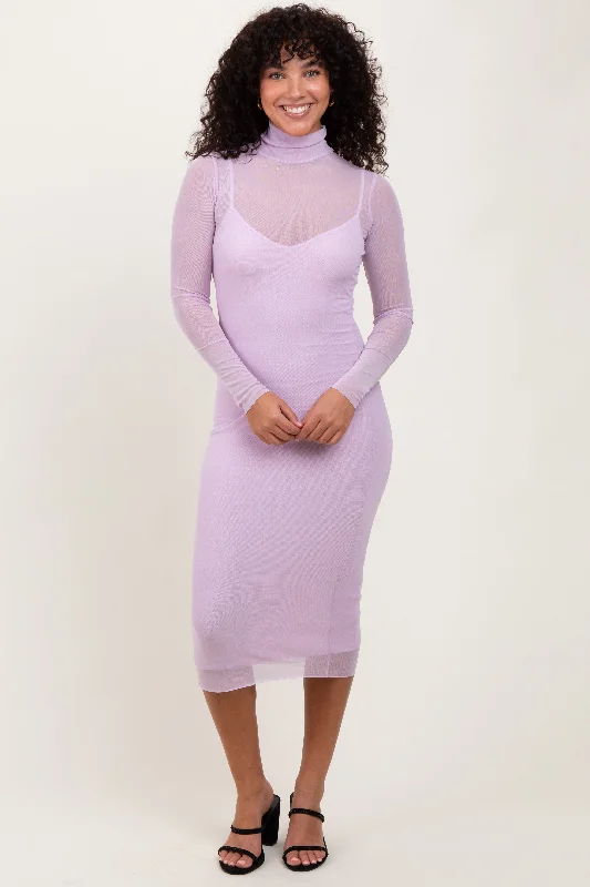 Lavender Mesh Overlay Fitted Midi Dress