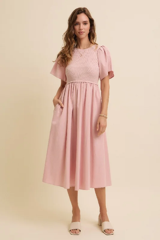 Pink Ribbed Knit Contrast Top Midi Dress