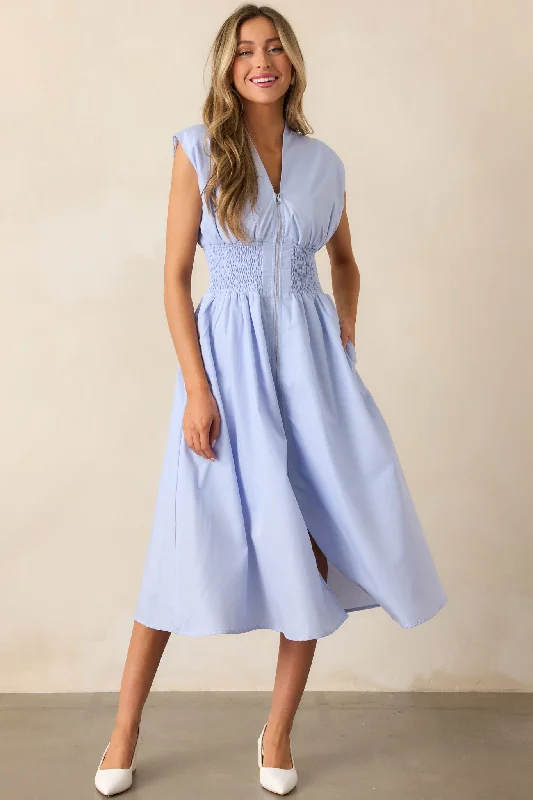 The Evette Baby Blue Zip Front Midi Dress