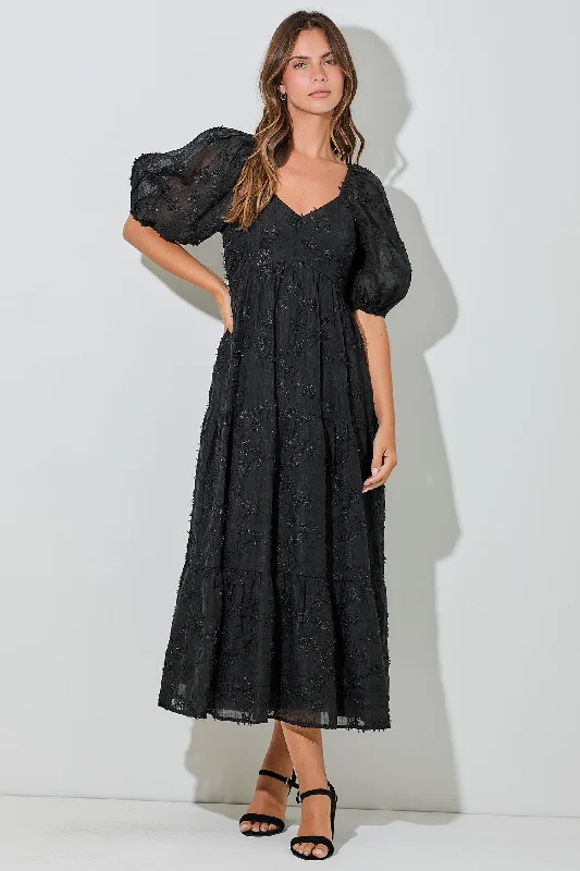 Black Embroidered Floral Overlay Midi Dress