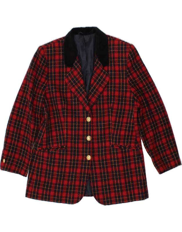 VINTAGE Womens 3 Button Blazer Jacket UK 14 Large Red Check Polyester