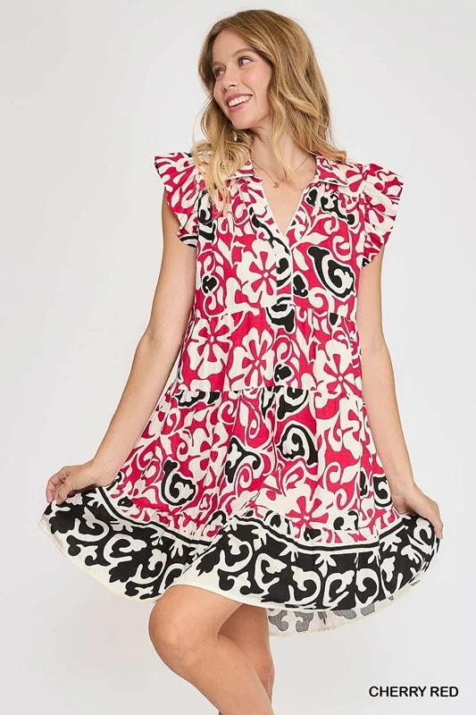 Umgee Sunny Abstract Print Border Mini Dress - Cherry Red