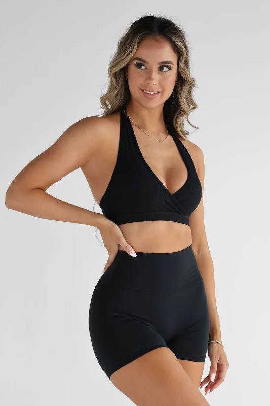 Ribbed Halter Neck Crop - Black