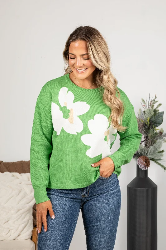 Green Floral Knit Pullover Sweater