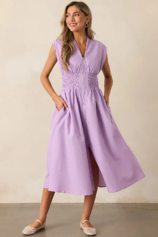 The Evette Lavender Zip Front Midi Dress