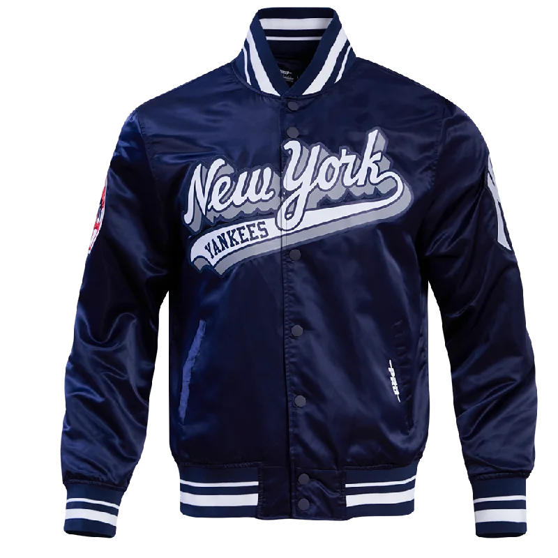 MLB NEW YORK YANKEES SCRIPT TAIL MEN'S RIB SATIN JACKET (MIDNIGHT NAVY)