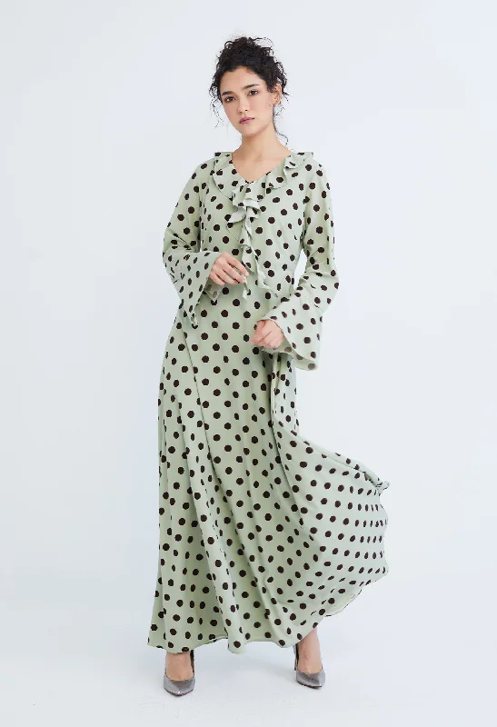 Polka Dot Ruffled V-Neckline Maxi Dress