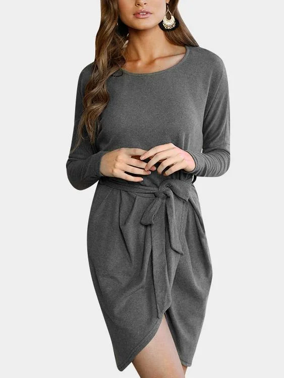 Wholesale Grey Round Neck Long Sleeve Plain Lace-Up Slit Hem Mini Dress