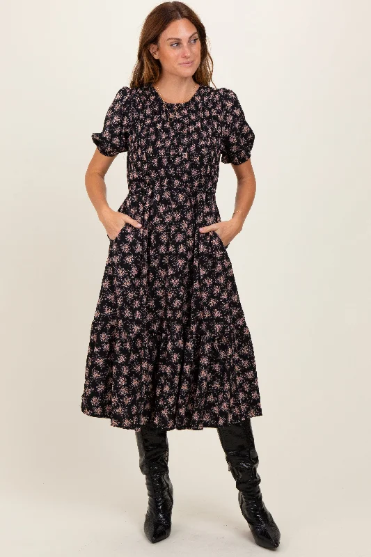 Black Floral Puff Sleeve Smocked Midi Dress