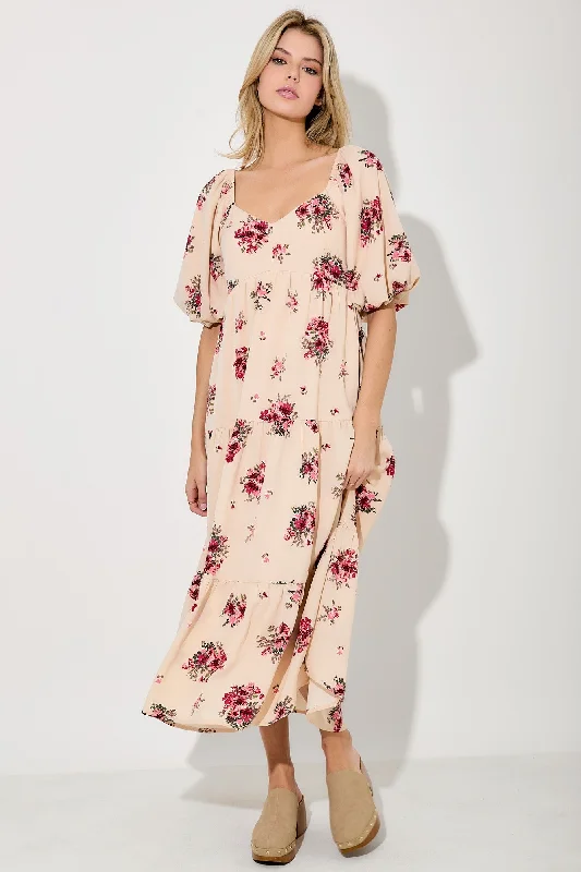 Cream Floral Puff Sleeve Tiered Maxi Dress