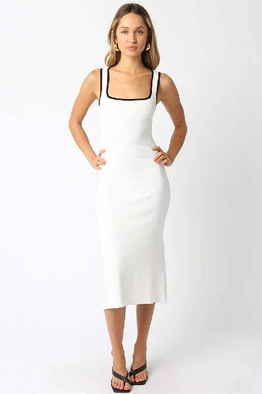 White Knit Contrast Trim Square Neck Midi Dress