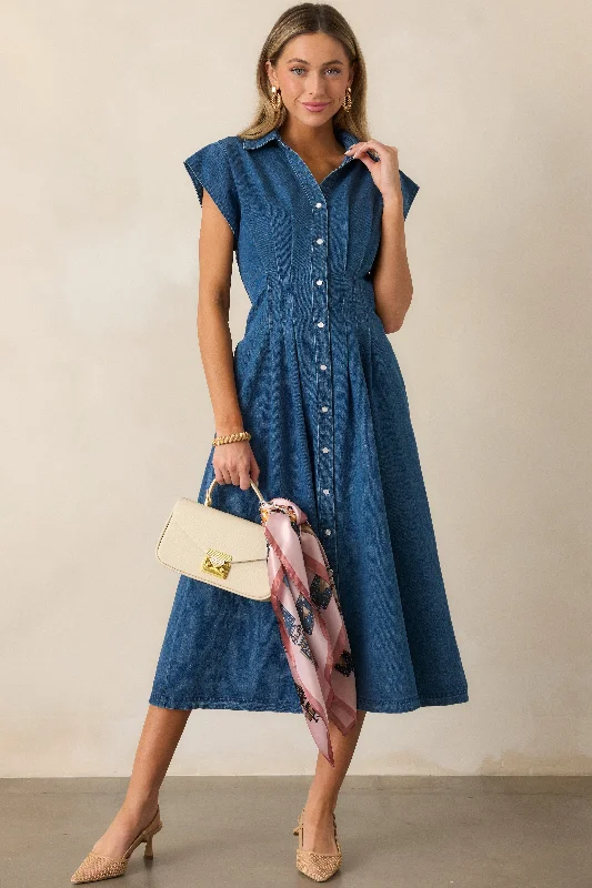 Classic Tea Party Dark Wash Denim Button Front Pleated Midi Dress