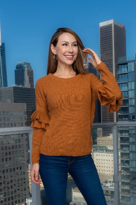 Crew Neck Ruffle Sleeve Knit Sweater in Rust (RN94522)