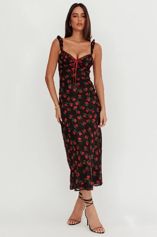 Femme Belle Ribbon Trim Maxi Dress Floral Black