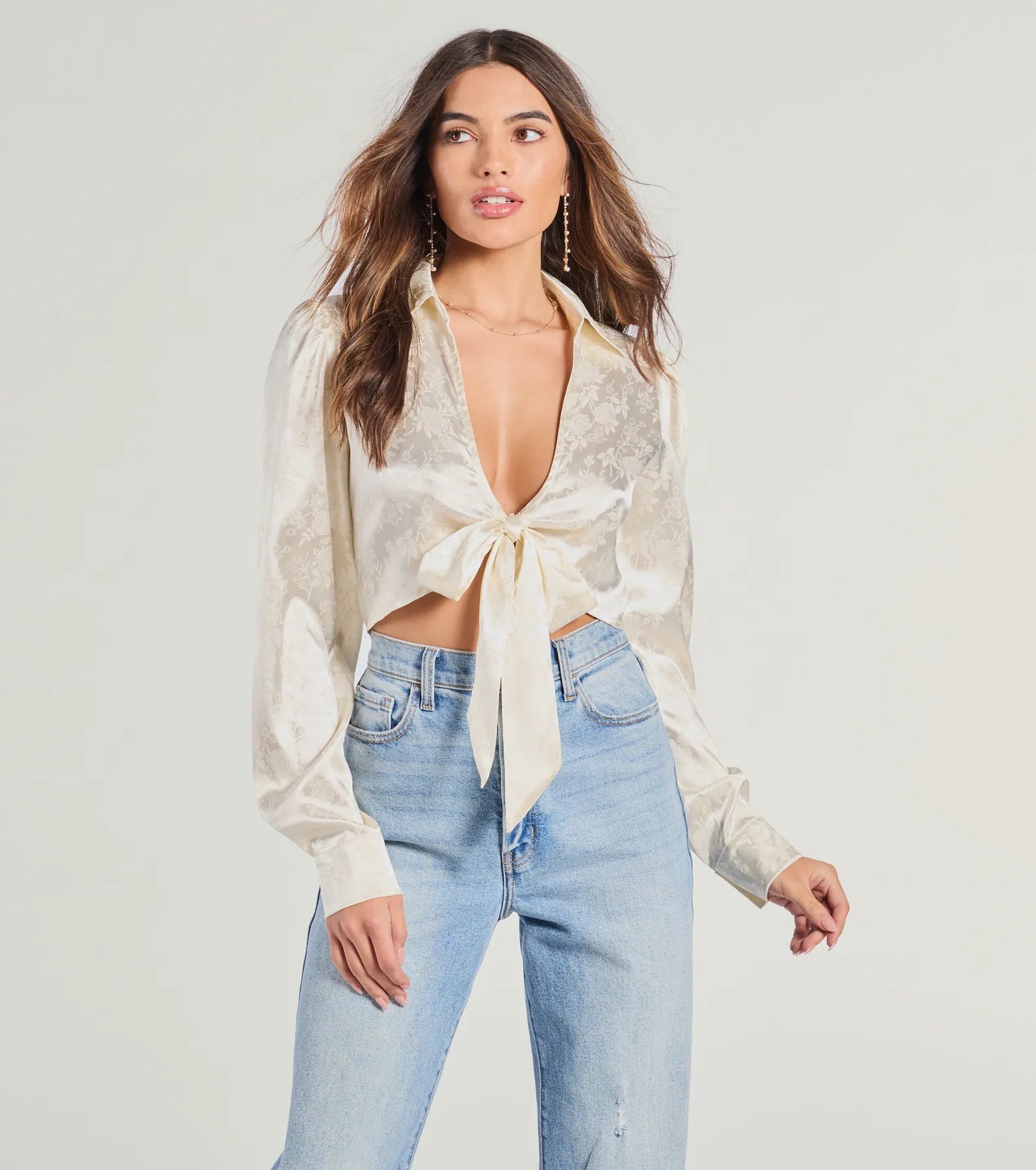 Luxe Demure Tie-Front Satin Crop Top